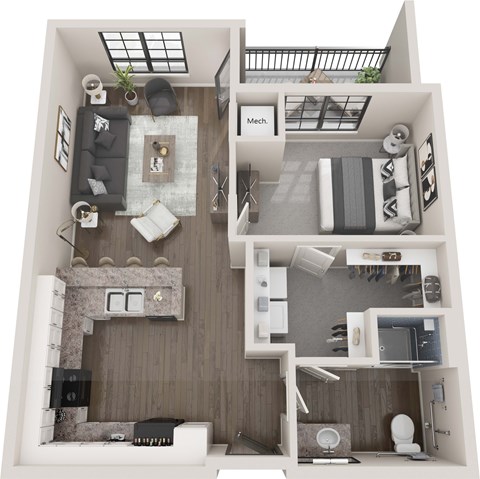 A floor plan of a small apartment with a living room, kitchen, and bathroom.